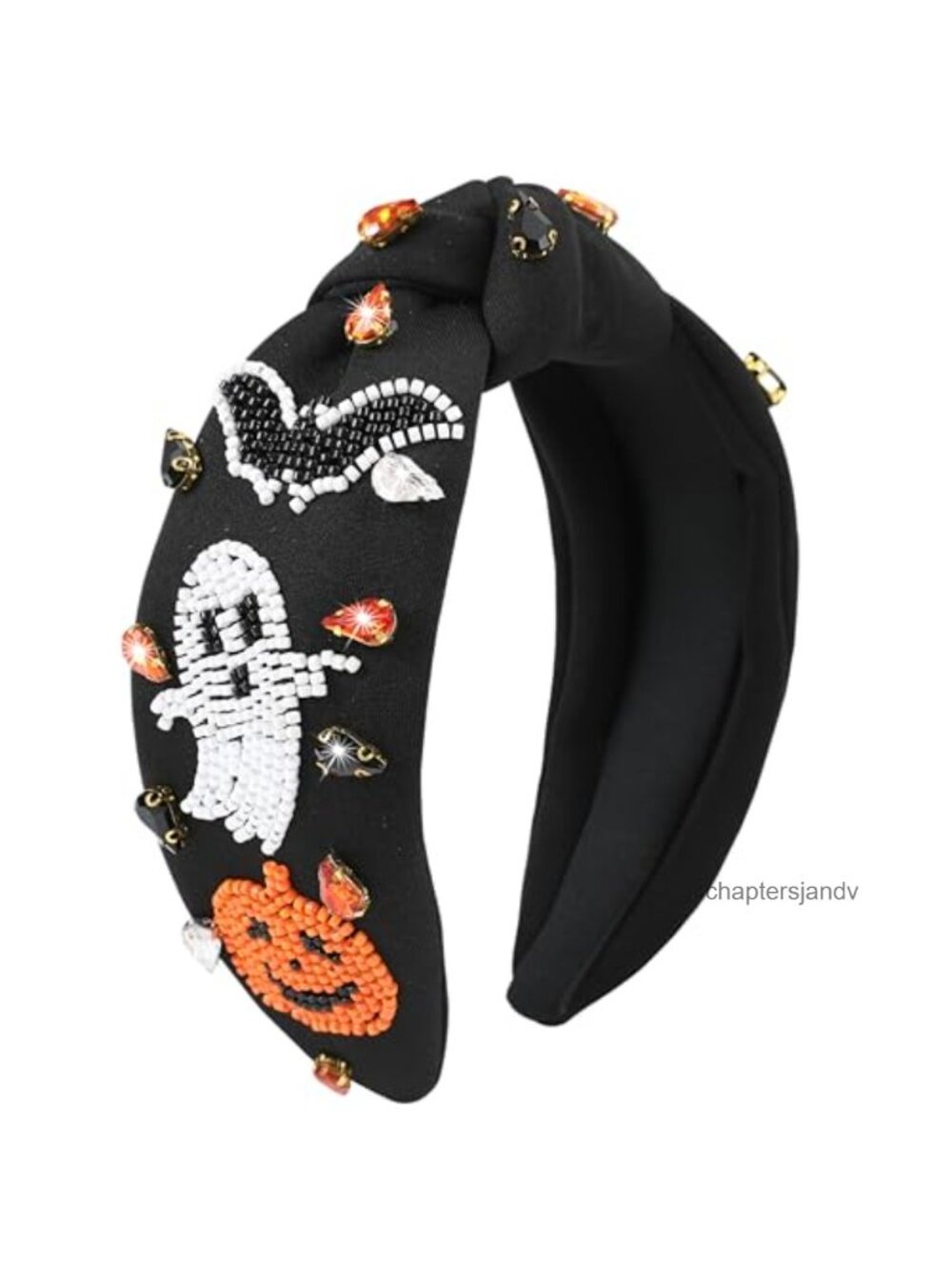 Halloween Jeweled Knotted Headband Beaded Pumpkin Ghost Bat Rhinestone